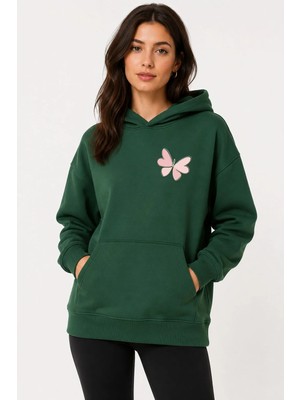 herkesemoda Kelebek Baskılı Kapüşonlu 2 Iplik Şardonlu Sweatshirt