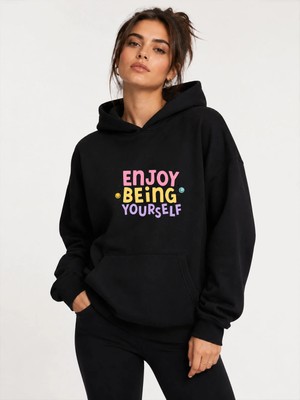 herkesemoda Enjoy Being Baskılı Kapüşonlu 2 Iplik Şardonlu Sweatshirt