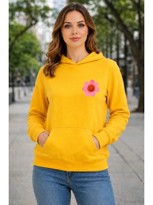 herkesemoda Emoji Çiçek Baskılı Kapüşonlu 2 Iplik Şardonlu Sweatshirt