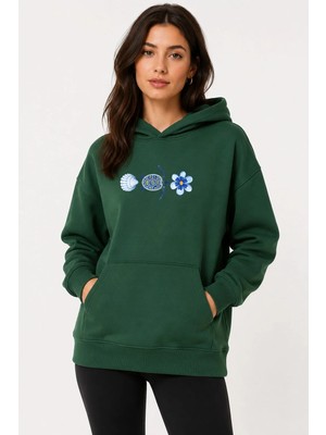 herkesemoda Deniz Temalı Kaplumbağa Baskılı Kapüşonlu 2 Iplik Şardonlu Sweatshirt