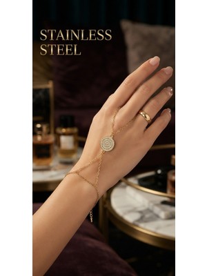 Stainless Steel Gold Renk Yuvarlak Beyaz Taş Sf Zincir Çelik Şahmeran