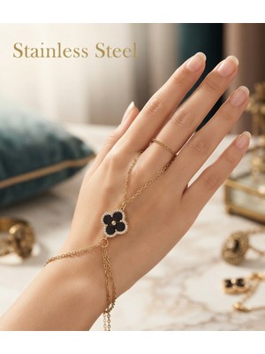 Stainless Steel Gold Renk Siyah Yonca Model Çelik Şahmeran