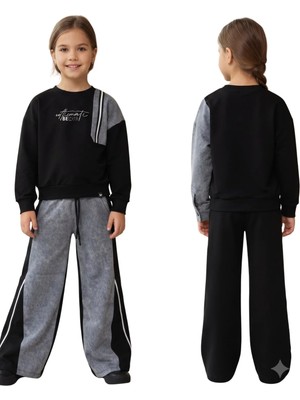 New Kids Kız Takım Çocuk Uzun Kol Syh Denim Pantolonlu  Kol Denim Kot Detaylı