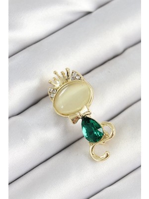 Renas Store Yeşil Damla Zirkon Taşlı Kraliçe Taçlı Kedi Figürlü Gold Renk Kadın Broş - TJ-BR450