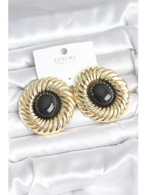 Renas Store Pirinç Gold Renk Siyah Boncuklu Vintage Kadın Küpe - TJ-BKP11388