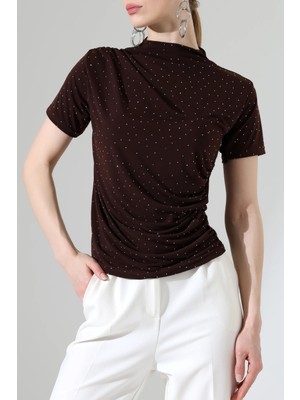 Sabr Kadın Taşlı Sandy Drapeli Dik Yaka Bluz