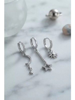 Renas Store 3 Lü Set Ay Yıldız ve Güneş Model Gümüş Renk Kadın Küpe TJ-BKP11957
