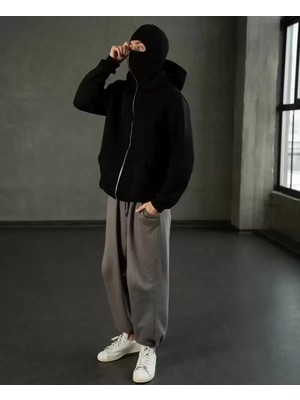 Touz Moda Touz Collection Maske Detaylı Oversize Fermuarlı Siyah Unisex Kapüşonlu Hırka