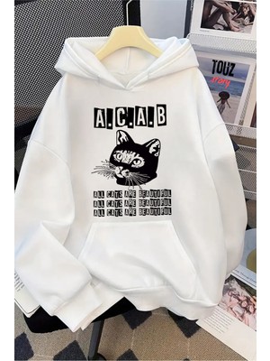 Touz Moda Cat Baskılı Unisex Oversize Kapüşonlu Sweatshirt Hoodie