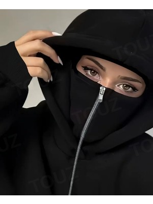 Touz Moda Berserk Maske Detaylı Oversize Fermuarlı Siyah Unisex Kapüşonlu Hırka