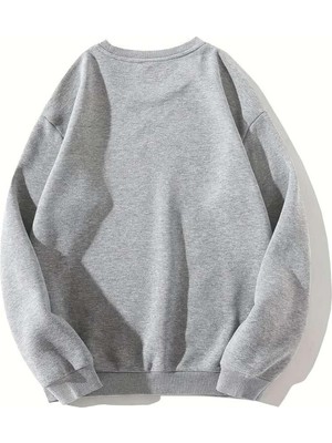 Touz Moda Black Cat Baskılı Gri Unisex Oversize Bisiklet Yaka Sweatshirt