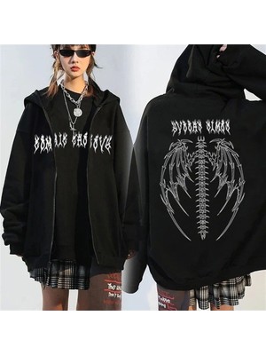 Touz Moda Küt Küt Touz Fermuarlı Siyah Tribal Gothic Wings (Unisex) Kapşonlu