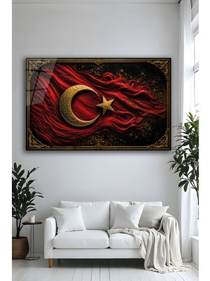 Parıltı Yayınları Gold Ay Yıldız Türk Bayrağı Cam Tablo Yatay Ofis Ev Makam Odası Duvar Dekoru
