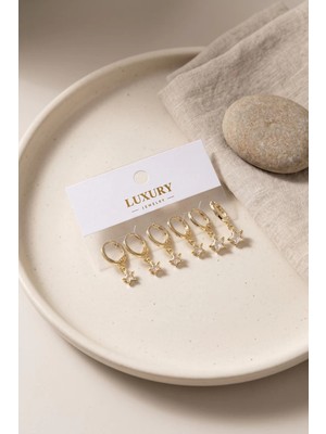 Renas Store Yıldız Zirkon Taşlı Gold Renk Pirinç Set Küpe TJ-BKP11992