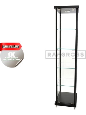 Camlı Vitrin Dolabı 40X40X175 cm – Spot Aydınlatmalı Kilitli Cam Gümüşlük ve Koleksiyon Sergileme Dolabı