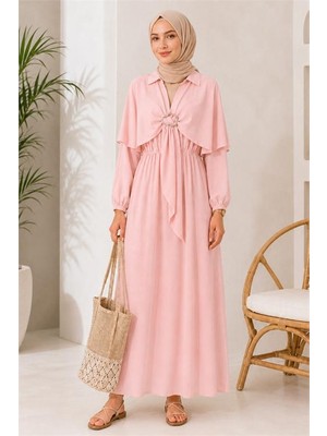 Neşeli Butik Kadın Pembe Pelerin Detaylı Gömlek Yaka Bel Lastikli Tesettür Elbise NBELB014