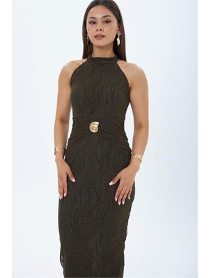 Neşeli Butik Kadın Kahverengi Flok Baskılı Halter Yaka Gold Kemer Detaylı Midi Boy Elbise NBMY4023
