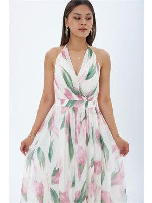 Neşeli Butik Kadın Pembe Yaprak Desen Halter Yaka Maxi Boy Elbise NBMY4122