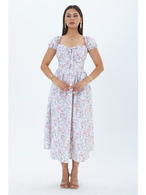 Neşeli Butik Kadın Ekru Çiçek Desenli Balon Kol Kare Yaka Midi Elbise NBMY4108