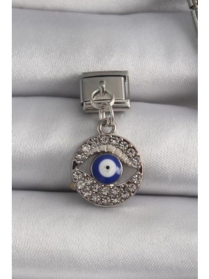 Uslucan Alışveriş 316L Çelik Gümüş Renk Sallantı Zirkon Taşlı Göz Model Nazar Boncuk Detay Nomination Charm - TJ-BC1121