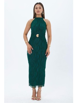 Neşeli Butik Kadın Yeşil Flok Baskılı Halter Yaka Gold Kemer Detaylı Midi Boy Elbise NBMY4023