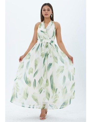 Neşeli Butik Kadın Yeşil Yaprak Desen Halter Yaka Maxi Boy Elbise NBMY4122