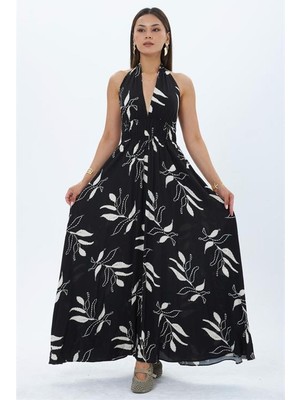 Neşeli Butik Kadın Siyah Halter Yaka Sırt Dekolteli Maxi Boy Elbise NBMY4121