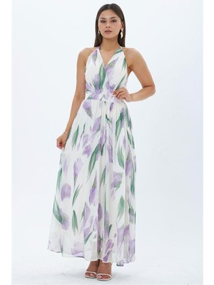 Neşeli Butik Kadın Mor Yaprak Desen Halter Yaka Maxi Boy Elbise NBMY4122