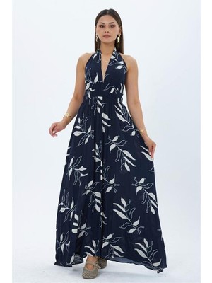 Neşeli Butik Kadın Lacivert Halter Yaka Sırt Dekolteli Maxi Boy Elbise NBMY4121