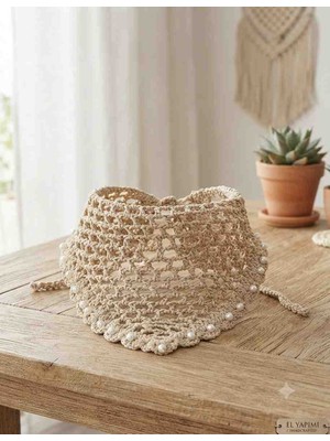 Linas Collection El Örgüsü Inci Detaylı Bej Bandana / Bohem Saç Aksesuarı