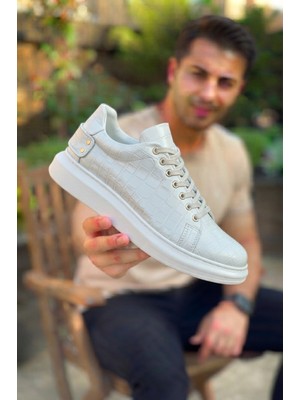 Zerenyus ZRK-047 Premium Yüksek Kalite Kalın Taban Beyaz Crocodile Günlük Erkek Sneaker