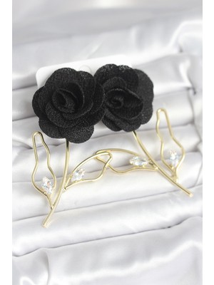 Renas Store Pirinç Gold Renk Siyah Gül Model Kadın Küpe