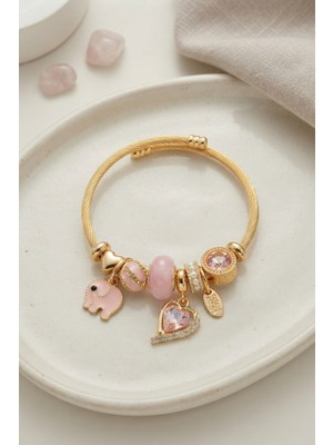 Renas Store Kalp ve Fil Model Pembe Charmlı Bileklik