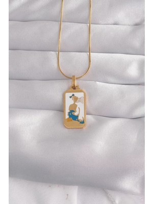 Renas Store 316L Çelik Gold Renk Beyaz Mineli Kız Figür Tarot Kolye - TJ-BKO9027