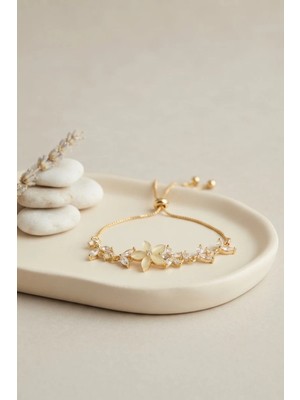 Renas Store Gold Renk Zirkon Taşlı Pirinç Sedefli Çiçek Model Asansörlü Bileklik TJ-BB8834