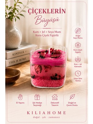El Yapımı Kum Jel ve Soya Mum Kuru Çiçek Figürlü Dekoratif Kokulu Mum – Cam Mum 7,5 cm