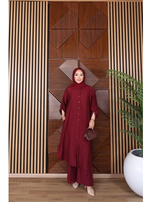 Trendparis Çilek Kumaş Rahat Kesim Tunik & Pantolon Tesettür Takım Kırmızı
