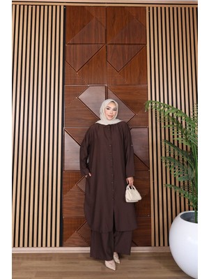 Trendparis Çilek Kumaş Rahat Kesim Tunik & Pantolon Tesettür Takım Kahverengi