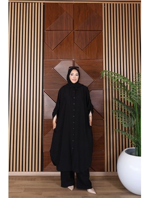 Trendparis Çilek Kumaş Rahat Kesim Tunik & Pantolon Tesettür Takım Siyah