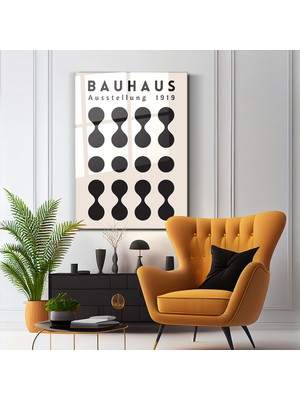Cam Tablo Bauhaus 1919 Siyah Daireler Krem Zemin Geometrik Duvar Dekorasyonu