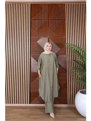 Trendparis Çilek Kumaş Rahat Kesim Tunik & Pantolon Tesettür Takım Yeşil