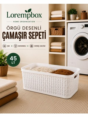 Lorempbox 45 Lt Örgü Desenli Çamaşır Sepeti Beyaz