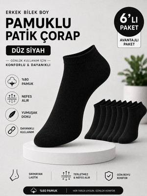 Baff Erkek Pamuklu Düz Siyah Patik Çorap 6'lı Paket 40-44