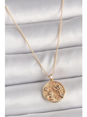 Uslucan Alışveriş Pirinç Gold Renk Zirkon Taş Detaylı Gül Işleme Madalyon Model Kadın Kolye - TJ-BKO9816