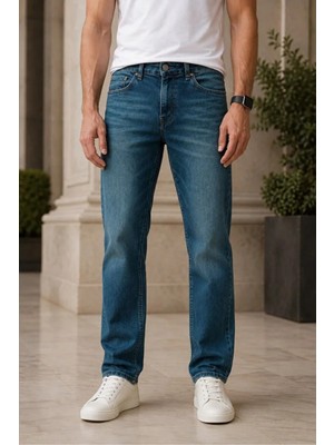 Modamesto Erkek Yeşil Tintli Regular Fit Boru Paça Likralı Jean Pantolon