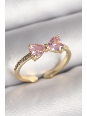 Uslucan Alışveriş Pirinç Gold Renk Pembe Zirkon Taşlı Kalp Fiyonk Model Kadın Yüzük - TJ-BYK3641