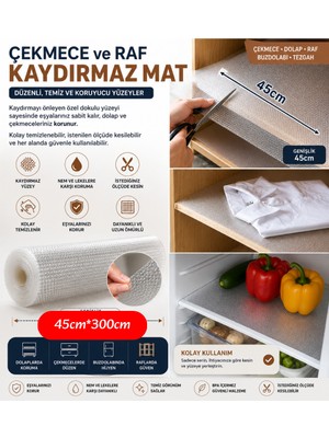 Doori 45X300 cm Kaydırmaz Raf ve Çekmece Örtüsü Dolap Içi Koruyucu Mat Buzdolabı Raf Düzenleyici Rulo 1 Adet