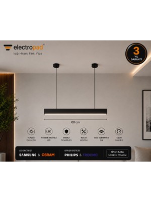 ELECTROPAD LED Sarkıt Lineer Aydınlatma 60 cm Alüminyum Siyah Kasa 4000K Doğal Beyaz