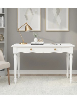 Roys Ahşap 110 cm Masif Beyaz Tornalı Çalışma Masası