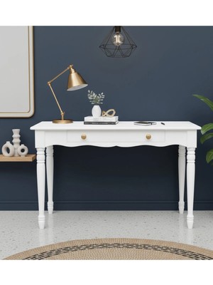 Roys Ahşap 100 cm Masif Beyaz Tornalı Çalışma Masası